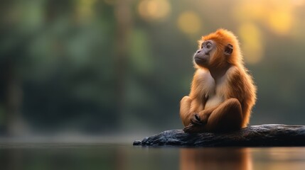 Obraz premium A contemplative monkey sits peacefully on a log in a serene forest, bathed in gentle sunlight, capturing the tranquility of nature and animal life.