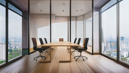 Fototapeta premium Modern meeting room interior with window and city view, wooden flooring and glass partitions. 3D Rendering.