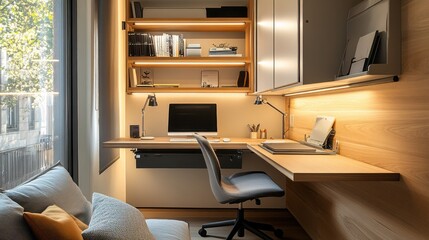 A compact work-from-home area with a small desk, a comfortable chair, and minimal clutter, highlighted by a single statement piece of wall art