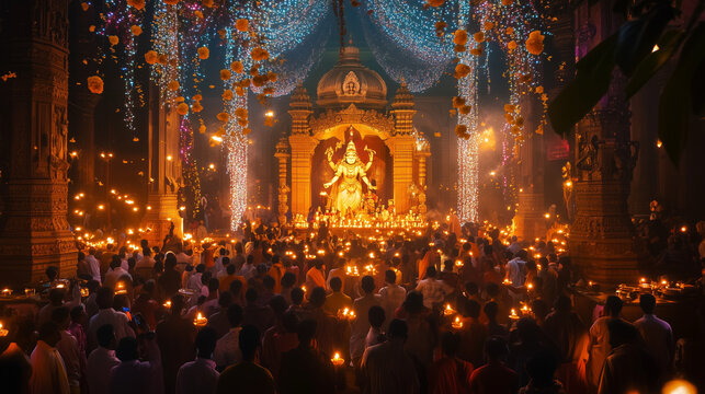 Kali Puja in Kolkata, thousands of devotees gather in front of the magnificent temple, carrying candles and offerings to Goddess Kali, the backdrop of the temple is full of lights and festive decorati