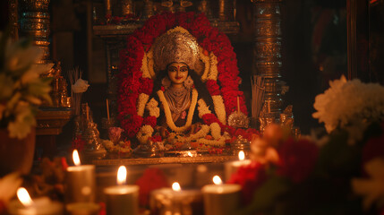 Kali Puja in Kolkata, view of the altar of Goddess Kali decorated with red and gold flowers, idol of Goddess Kali decorated with traditional jewellery, Ai generated images