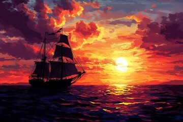 Fototapeta premium Beautiful ocean sunset , with colourful red and orange sky, dark sea and silhouette of ship on the horizon. .generative ai