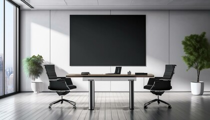 Modern office interior with blank black canvas on the wall. 3D Rendering