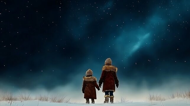 Evenki children gazing at the night sky filled with stars and northern lights