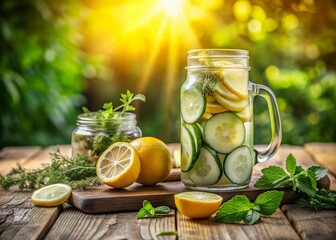 Fototapeta premium Refreshing Detox Water with Cucumber and Lemon on Wooden Table for Healthy Lifestyle