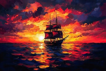 Obraz premium Beautiful ocean sunset , with colourful red and orange sky, dark sea and silhouette of ship on the horizon. .generative ai