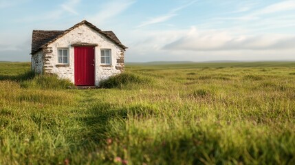 A beautifully simple white cottage adorns a vast meadow landscape, distinguished by a vivid red door, enveloped in a tranquil and enchanting pastoral vista.