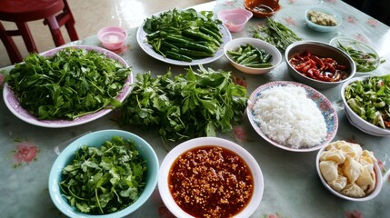 Fresh Herbs and Vegetables on Dining Table