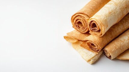 A stack of plain, rolled wafer cookies arranged neatly on a smooth, minimal white background, emphasizing simplicity and the enjoyment of subtle flavors and textures.