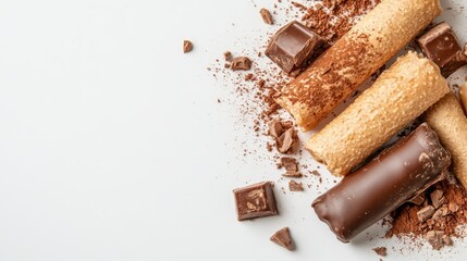 A delightful arrangement of assorted chocolate pieces and rolled wafer snacks scattered on a clean, white surface, embodying a sense of indulgence and sweetness.
