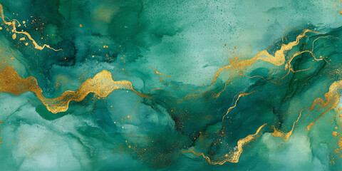 Abstract watercolor background featuring vivid washes of green and gold, with flowing brushstrokes and visible paper grain, creating a vibrant and textured handmade look
