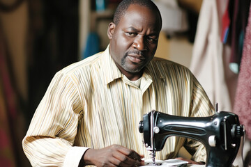 Skilled tailor sewing with vintage machine in traditional workshop setting