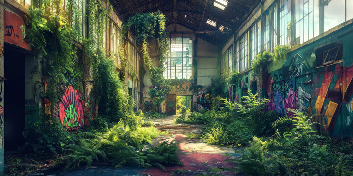 An abandoned factory filled with lush greenery, as ivy climbs the walls and colorful plants burst through the floor, surrounded by bold graffiti murals that tell a story of urban exploration