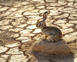 Obraz premium Desert Hare Resting in Shadow of Rock Surrounded by Dry Cracked Earth Waiting for Nightfall