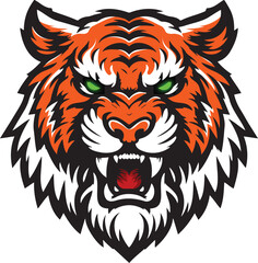 Obraz premium Tiger head mascot for gaming logos, green neon eyes roaring tiger vector illustration on white background