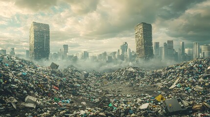 Towering Garbage Cubes Dominate the Dystopian Cityscape Under a Polluted Sky