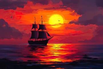 Obraz premium Beautiful ocean sunset , with colourful red and orange sky, dark sea and silhouette of ship on the horizon. .generative ai