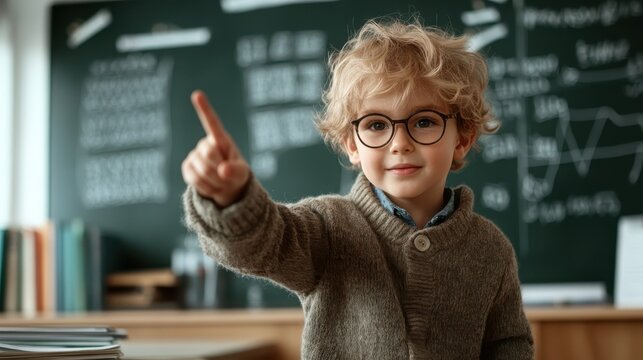 A young student with glasses in a cozy sweater points to the chalkboard in a classroom setting, signifying curiosity and eagerness to learn with a joyful expression.