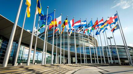 eu flags waving in front of european parliament building in brus highlighted by white, simple style, png