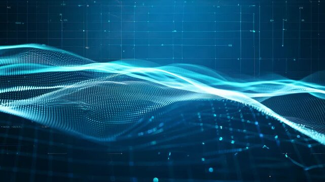 Slow-motion shot of particle flow in digital grid