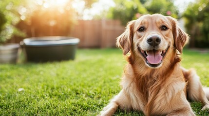 A contented golden retriever relaxes on a green grassy lawn bathed in warm sunlight, capturing a moment of tranquility and happiness with nature's beauty.