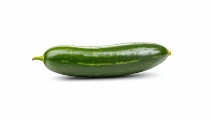 A single, fresh green cucumber with a slightly curved shape, isolated on a white background. The cucumber is glistening with moisture, suggesting it has been recently washed or picked. 