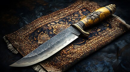 A handcrafted hunting knife with a beautiful damascus blade, intricate handle, and a detailed patterned background. © Purnomo adi