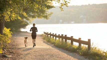 Obraz premium Person Jogging with Dog by Lakeside Trail