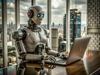 Fototapeta premium Robot with Artificial Intelligence Working on Computer in Tilt-Shift Photography Style for Futuristic Technology