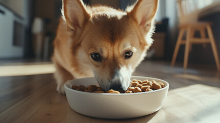 Pet dog enjoying dog food in a white bowl