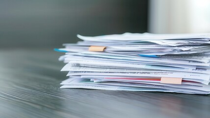 Pile of overdue utility bills, showing household debt challenges, copy space for text, focus cover all object, deep dept of field