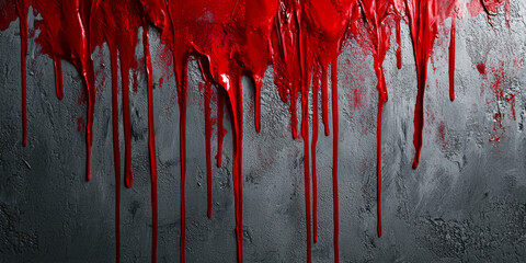 Bold red paint drips down a textured grey canvas, creating a dramatic effect with ample space for impactful text
