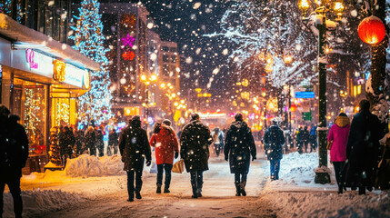 Obraz premium People walk through a snowstorm at night, bundled up in jackets and hats amidst city lights