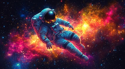 Fototapeta premium An astronaut floats in space, surrounded by a colorful nebula.