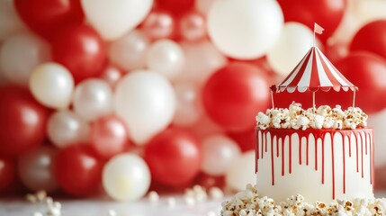 A delightful circus-themed cake adorned with popcorn and distinctive red stripes, backed by a whimsical array of red and white balloons, creating a festive ambiance.