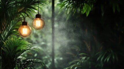 Two round, glowing light bulbs hang amidst dense green jungle foliage, creating a serene and tranquil atmosphere with a misty background that adds a mystical touch.