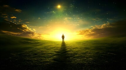 Fototapeta premium Silhouetted Man Gazing at Stunning Sunset Sky in Serene Countryside Landscape
