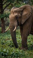 African elephant munching on fresh leaves peacefully.