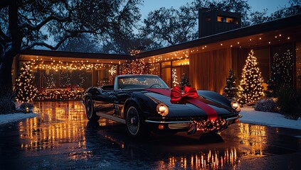 A black Corvette in the driveway of a modern home at night, with a red bow on the car and Christmas lights. 