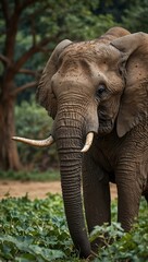 African elephant peacefully eating fresh leaves.
