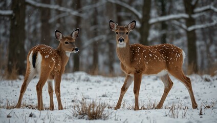 Fototapeta premium Alert fawn and doe in snowy surroundings.