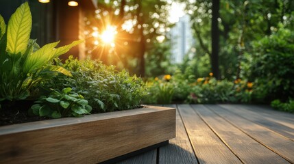 A beautifully maintained garden, highlighted by fresh greenery and a stylish wooden deck, capturing tranquility and nature&rsquo;s harmonious beauty.