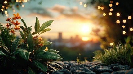 Vibrant flowers in focus against a blurred city skyline at dawn, creating a picturesque and serene image highlighting nature amidst urban sprawl.