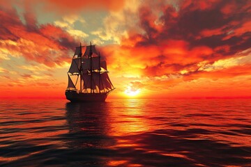 Fototapeta premium Beautiful ocean sunset , with colourful red and orange sky, dark sea and silhouette of ship on the horizon. .generative ai