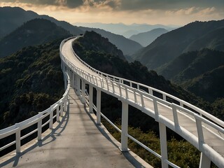 Obraz premium Another view of a curved white bridge leading to mountains.