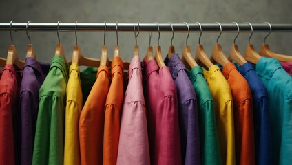 Array of vibrant clothes hanging on hangers, waiting to be discovered.