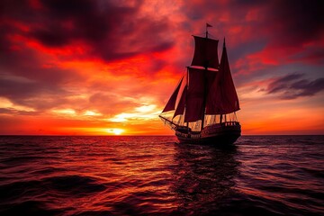 Fototapeta premium Beautiful ocean sunset , with colourful red and orange sky, dark sea and silhouette of ship on the horizon. .generative ai