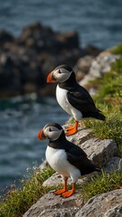 Atlantic puffin with grass on coastal rocks.