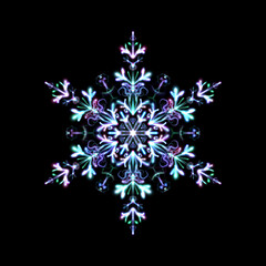Glowing transparent snowflake, isolated. Neon light. Shining futuristic digital art. Png