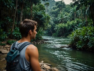 Fototapeta premium Backpacker gazing at a tranquil jungle river.